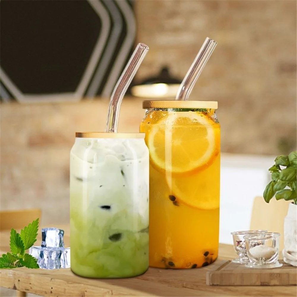 Can Glass Juice Water Cup With Bamboo Wood Lid And Plastic Straw 500 ml