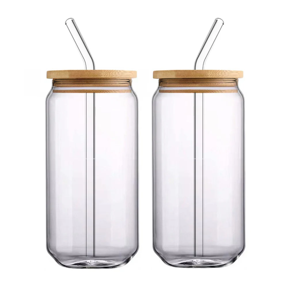 Can Glass Juice Water Cup With Bamboo Wood Lid And Plastic Straw 500 ml