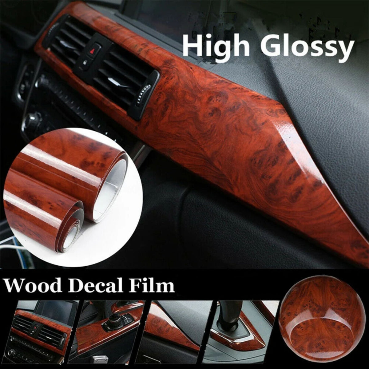 High Gloss Car Sticker Waterproof Car Interior Adhesive Wood Grain Film carbon fiber roll