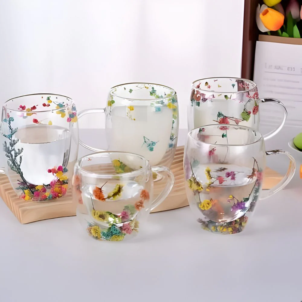 Insulated Double Glass Mug Flower