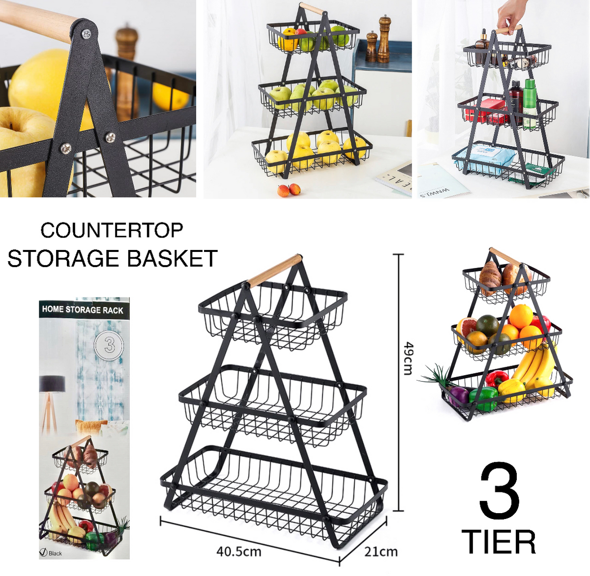 3 Tier Countertop Iron Storage Basket