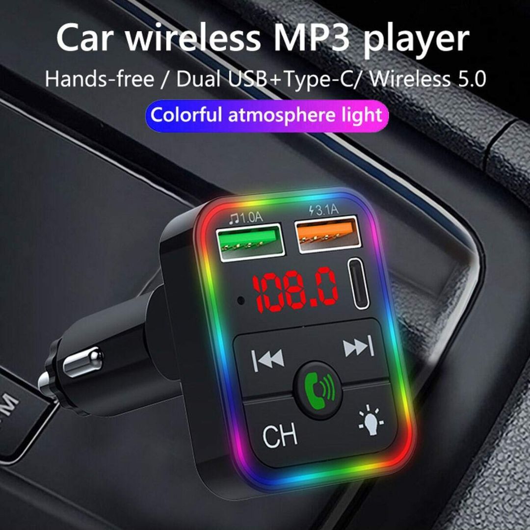 Bleutooth FM Transmitter F2 , MP3 Player with USB Flash Drive, Multi-Color Ambient Lighting, Dual USB 3.1 Type-C Fast Charger, and FM.
