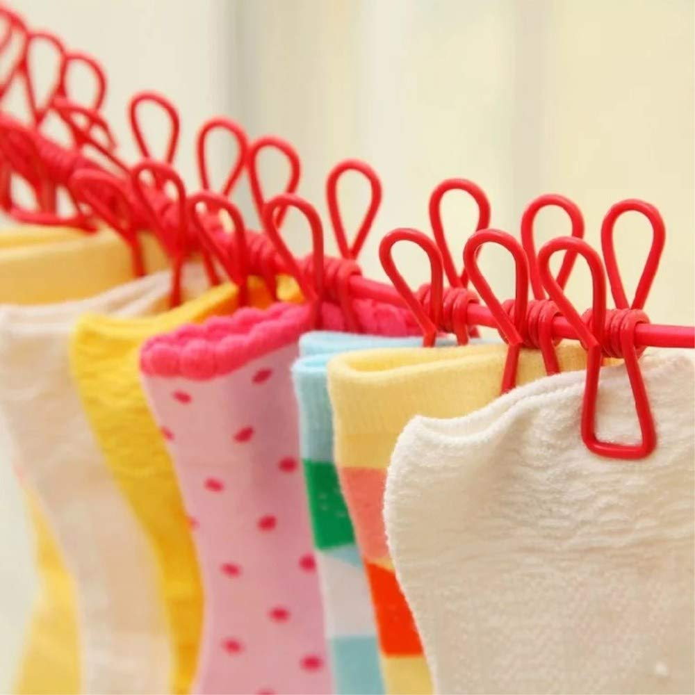 Portable Elastic Rope Clothesline Adjustable with 12pcs Clothespins Cloth Hanger