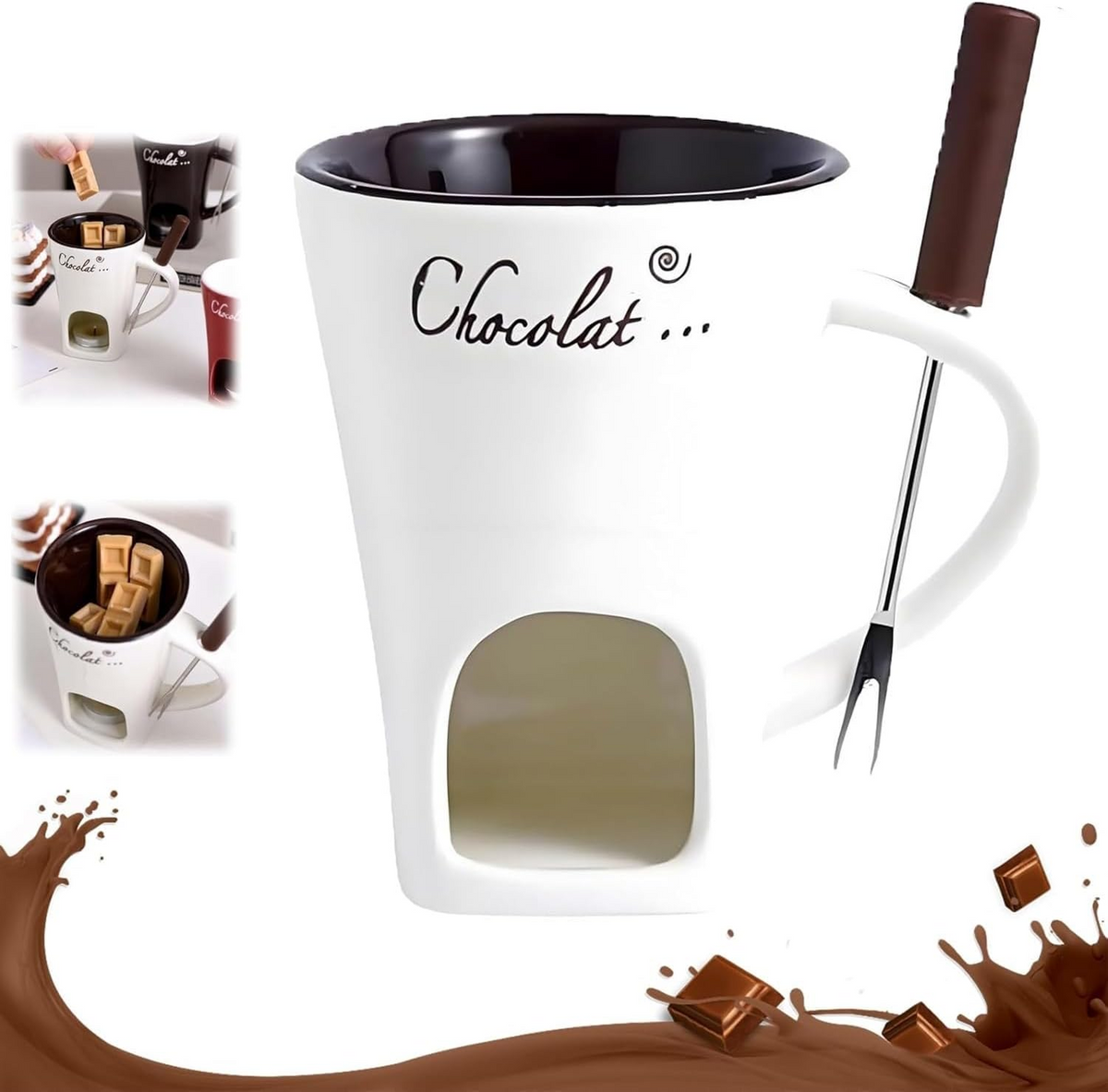 Chocolate Melting Cup with Fork, perfect for melting chocolate and cheese