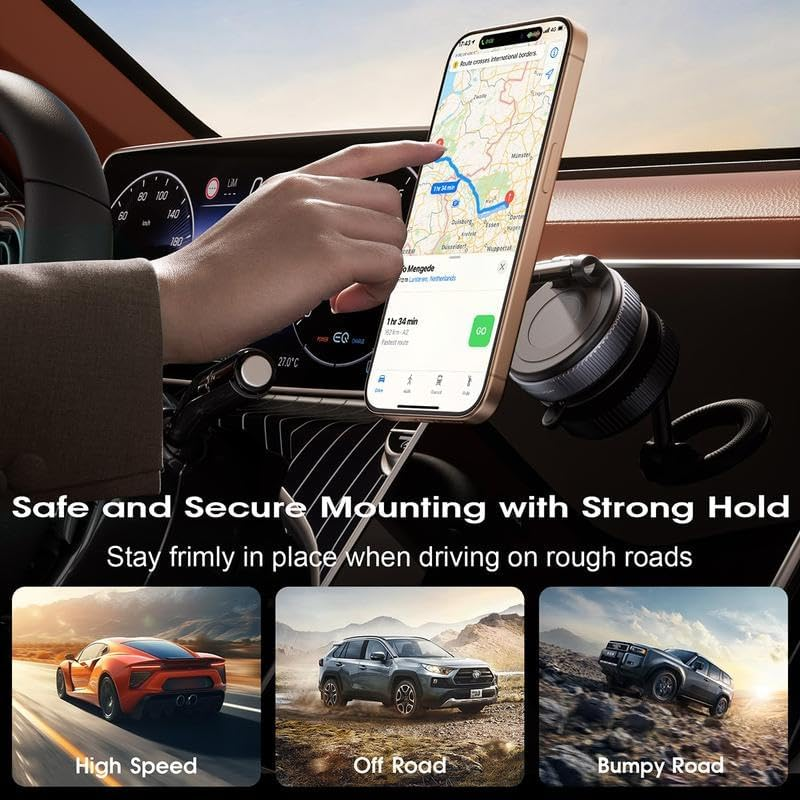 Magnetic Car Phone Mount – Upgraded Vacuum Suction Holder, 360° Adjustable Dashboard & Windshield Bracket