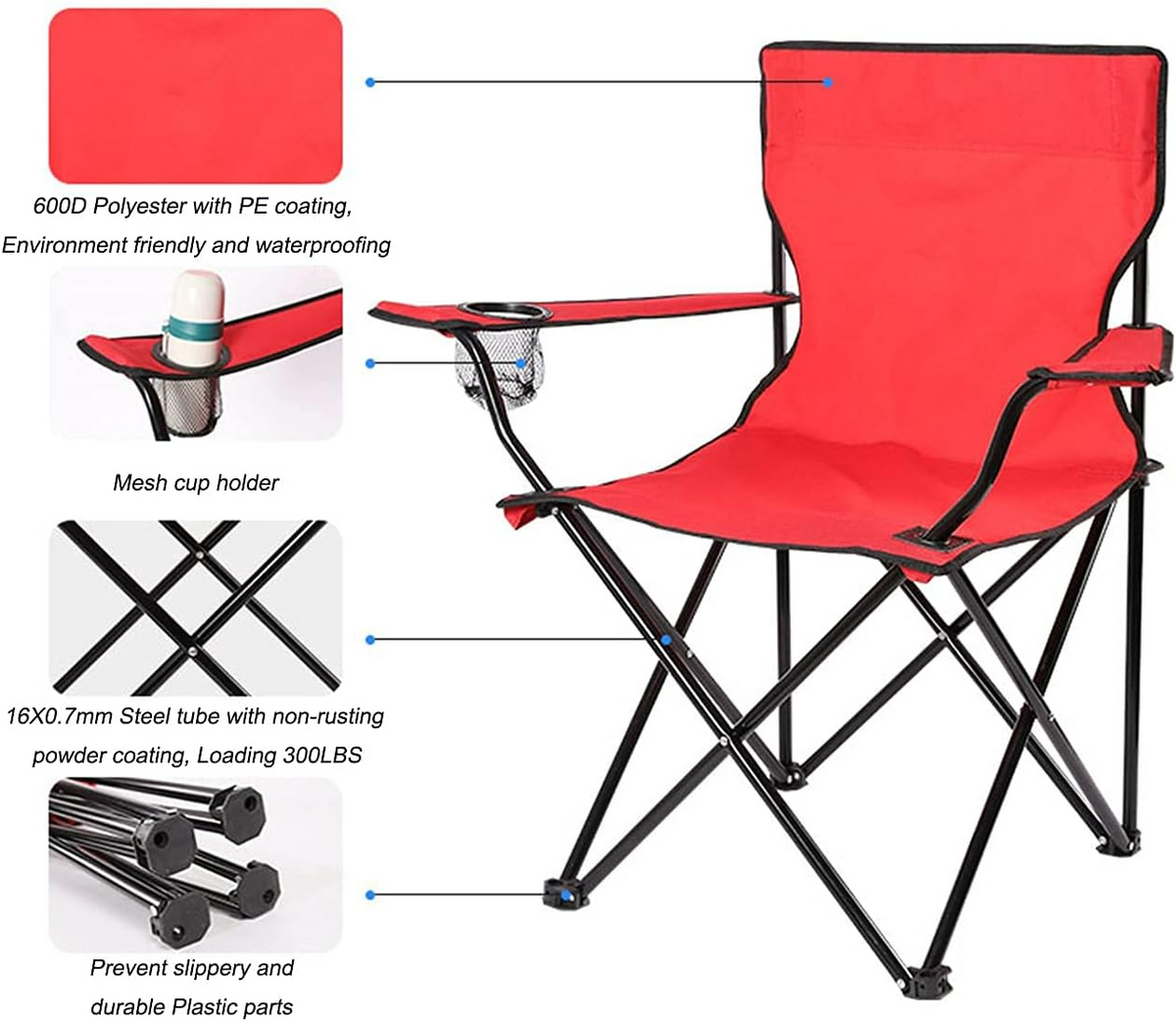 Portable & Foldable Camping Chair with Cup Holder, Outdoor Chair – Black