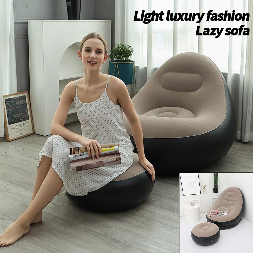 Portable Inflatable Bed Sofa Flocking Couch Set with Footstool