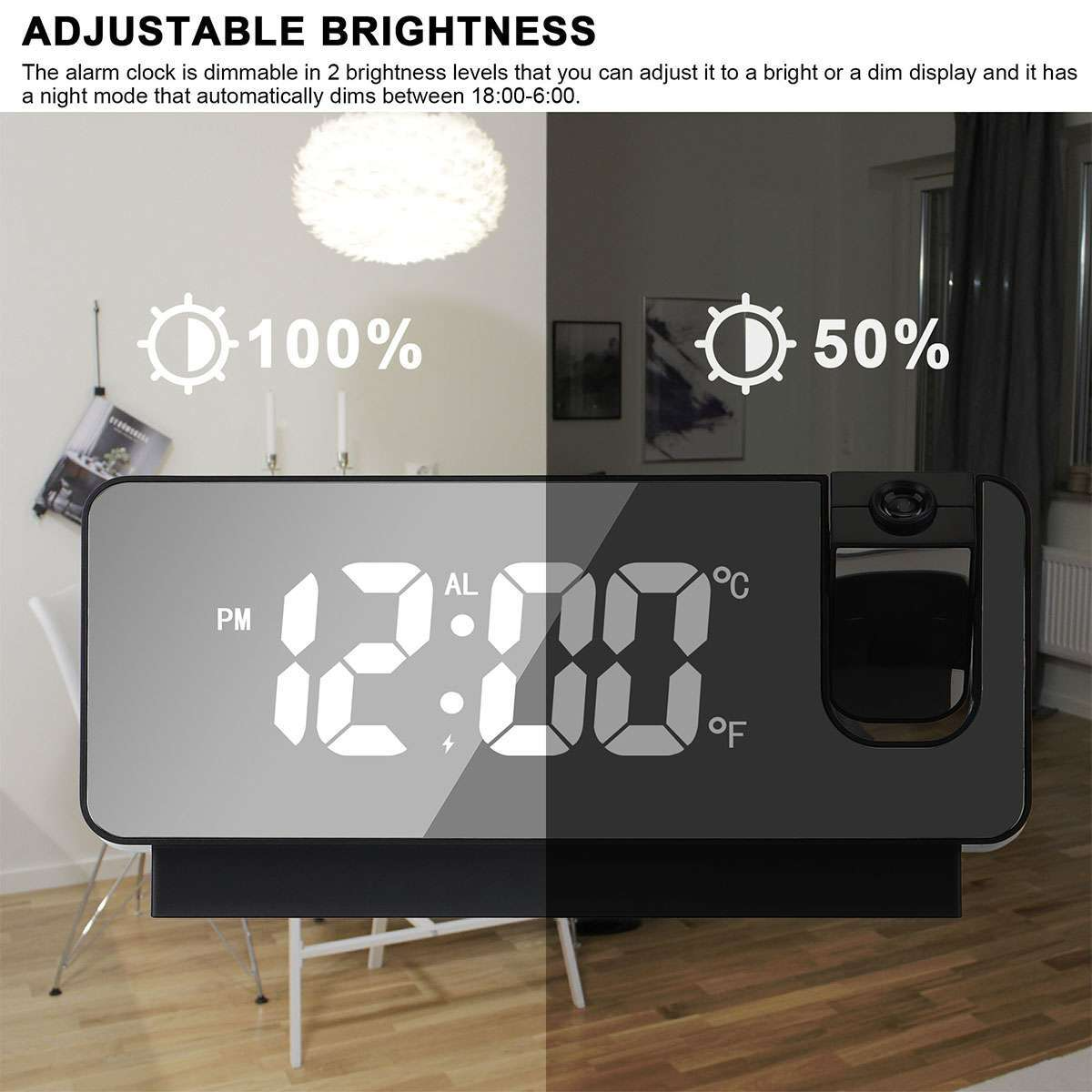 LED Digital Projector Projection Snooze Dual Alarm Clock Timer - White