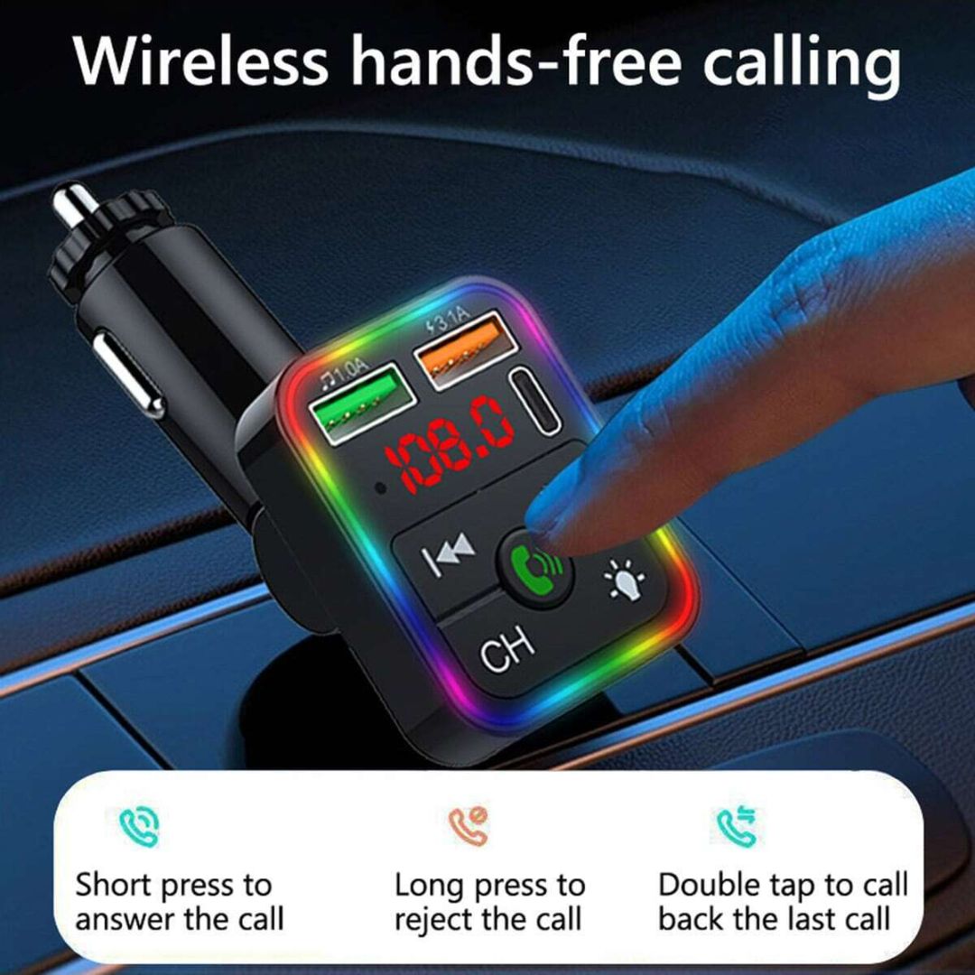 Bleutooth FM Transmitter F2 , MP3 Player with USB Flash Drive, Multi-Color Ambient Lighting, Dual USB 3.1 Type-C Fast Charger, and FM.