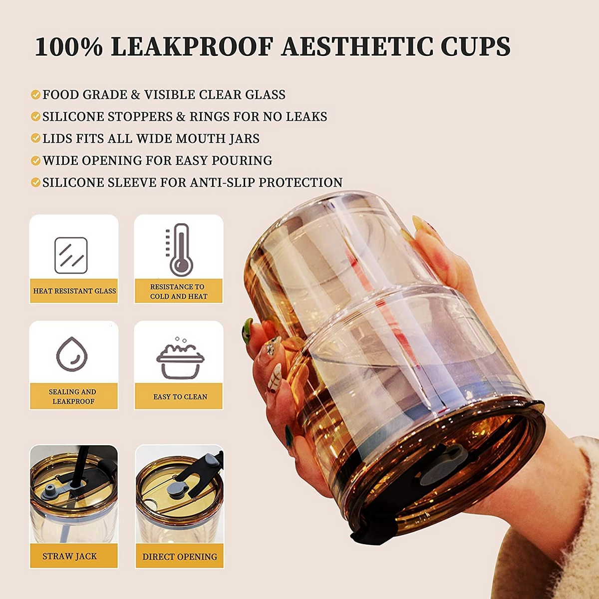 Coffee Mug Glass Tumbler With Silicone Straw and Lid 360 ml, Cup With Leather Sleeve
