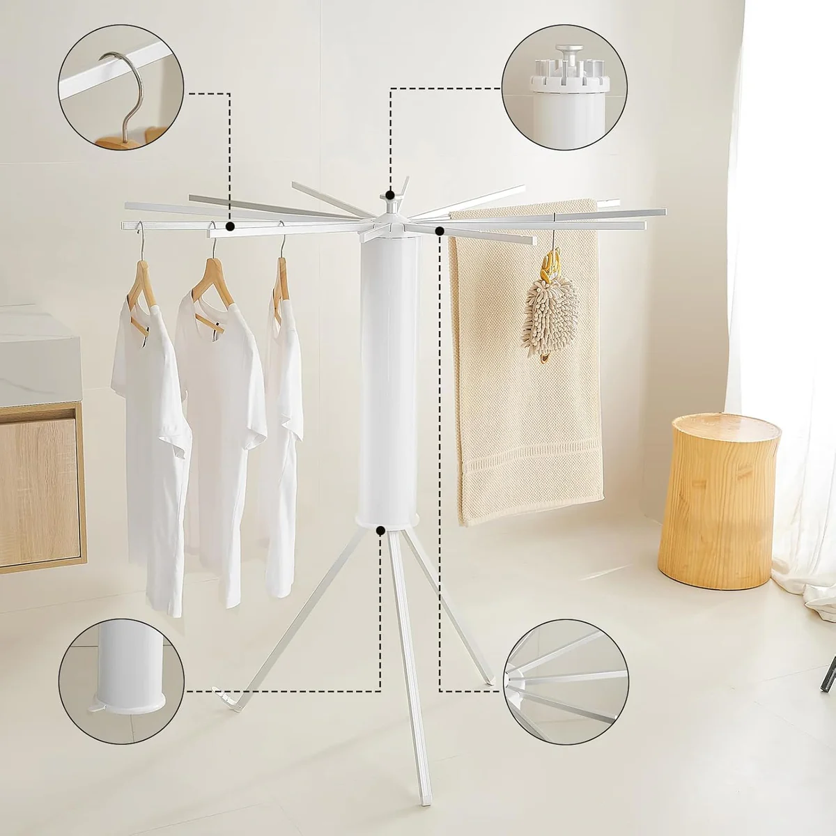 Folding Tripod Clothes Airer – Compact Drying Rack with 16 Rotating Arms, Aluminum, Indoor/Outdoor Use