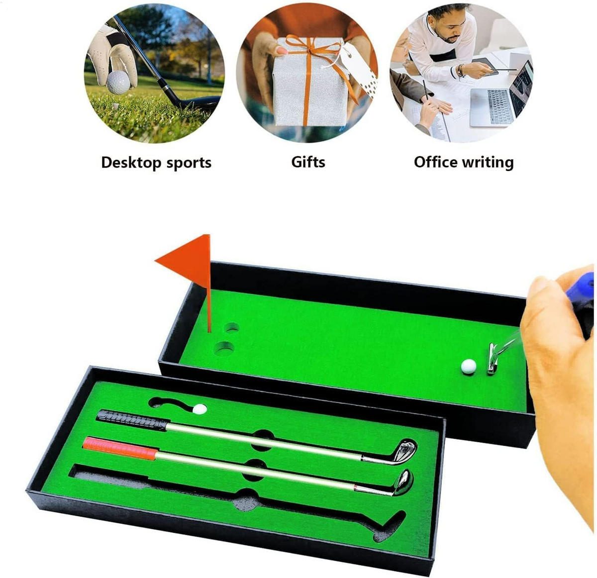 Golf Pen, Mini Golf Gift Set, Desktop Golf Ball Pen Gift, 3 Golf Clubs Pens with Balls and Flag