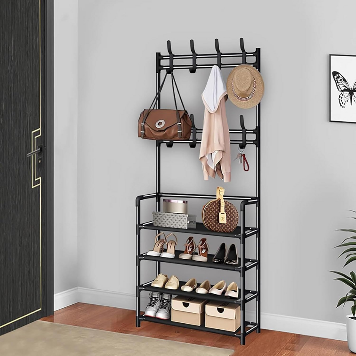 3-in-1 Coat Rack & Shoe Rack Organizer 4 Tier Storage Organizer with Hooks