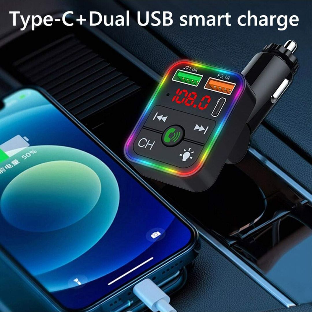 Bleutooth FM Transmitter F2 , MP3 Player with USB Flash Drive, Multi-Color Ambient Lighting, Dual USB 3.1 Type-C Fast Charger, and FM.