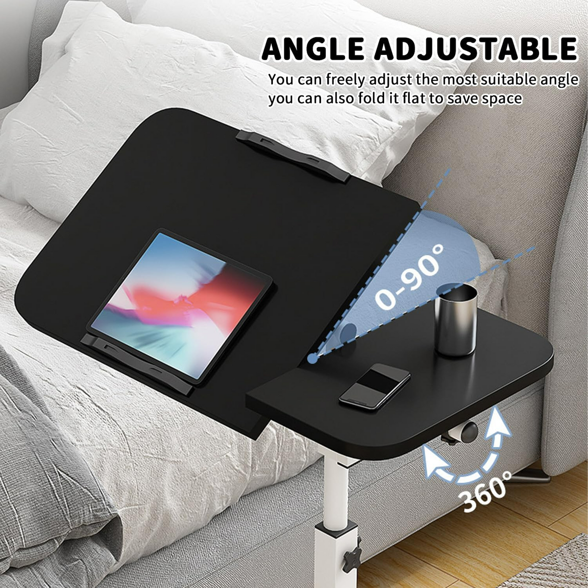 Height Adjustable Side Table with Wheels – Laptop Stand, Bed & Overbed Table for Living Room & Bedroom AS13