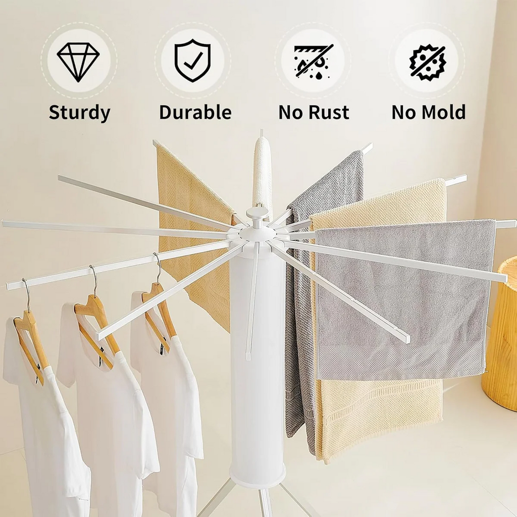 Folding Tripod Clothes Airer – Compact Drying Rack with 16 Rotating Arms, Aluminum, Indoor/Outdoor Use