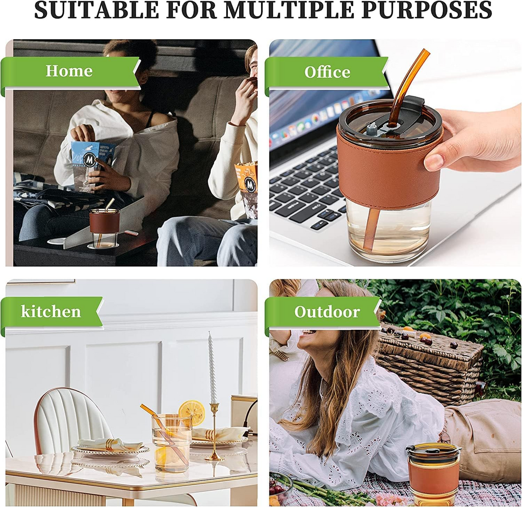 Coffee Mug Glass Tumbler With Silicone Straw and Lid 360 ml, Cup With Leather Sleeve
