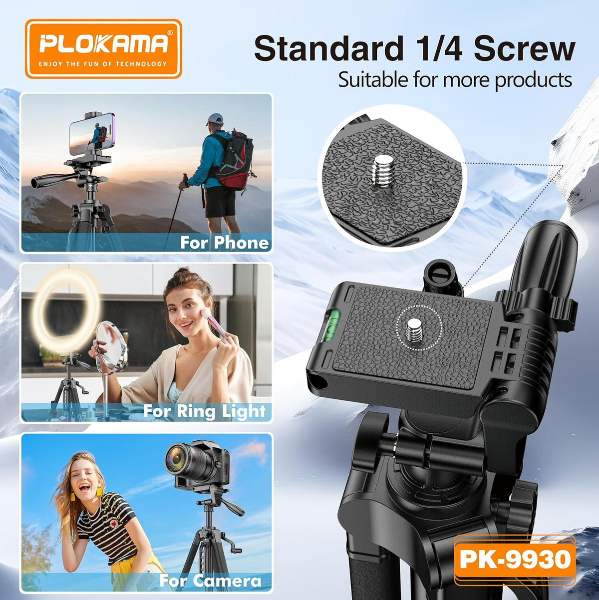 PLOKAMA Professional Tripod 150cm – 360° Rotation with Bluetooth Remote PK-9930