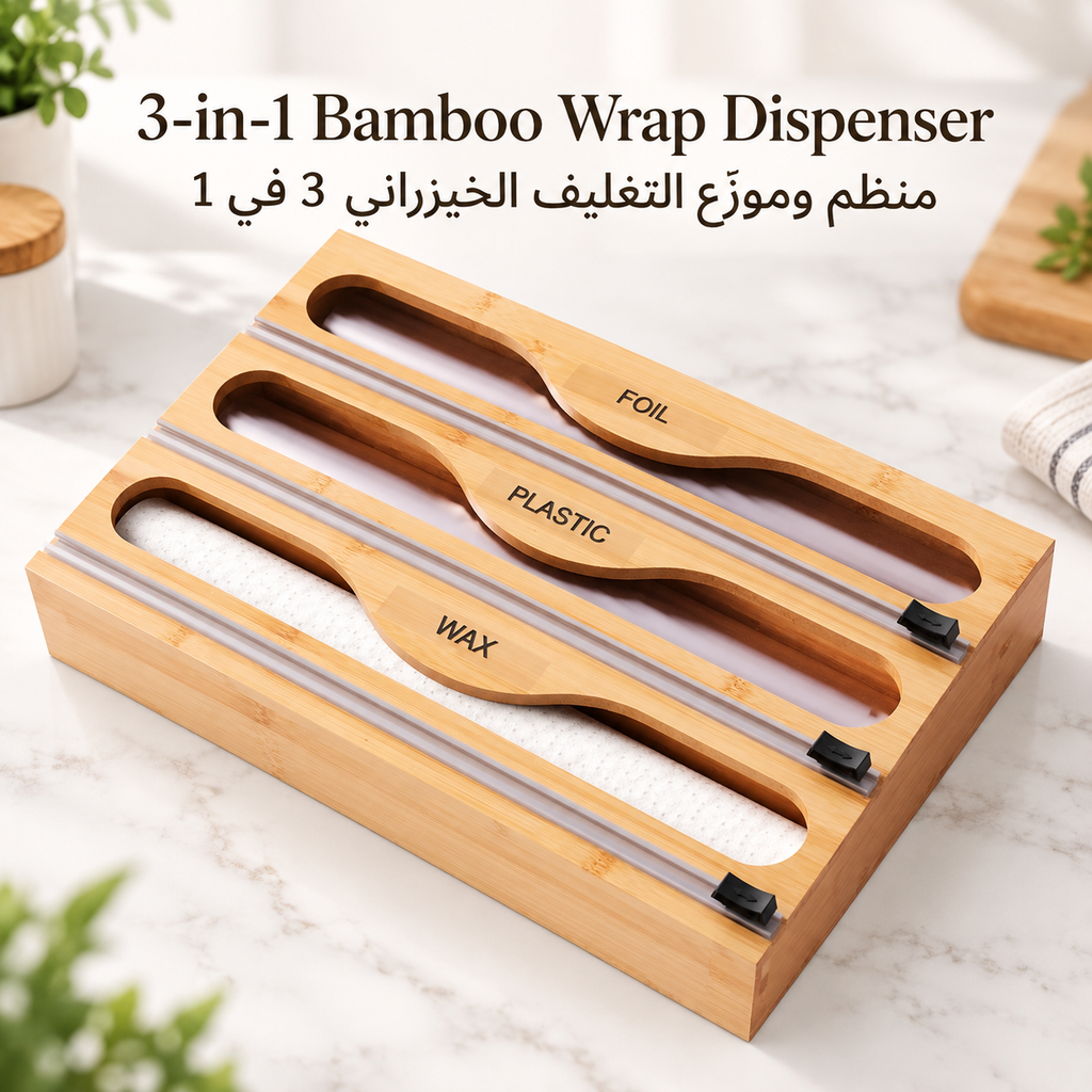Fibogollo Wrap Dispenser with Cutter and Labels, Plastic Wrap Organizer For Kitchen,Bamboo 3-in-1 Wrap Dispensers for Cling Wrap Aluminum Foil and Wax,Storage Organization Holder