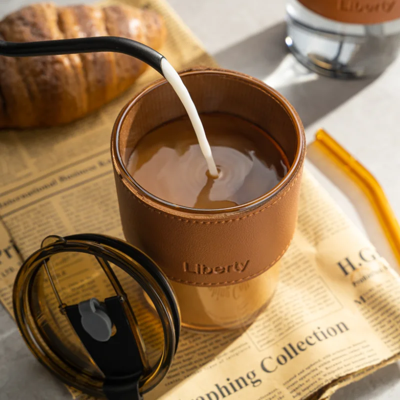 Coffee Mug Glass Tumbler With Silicone Straw and Lid 360 ml, Cup With Leather Sleeve