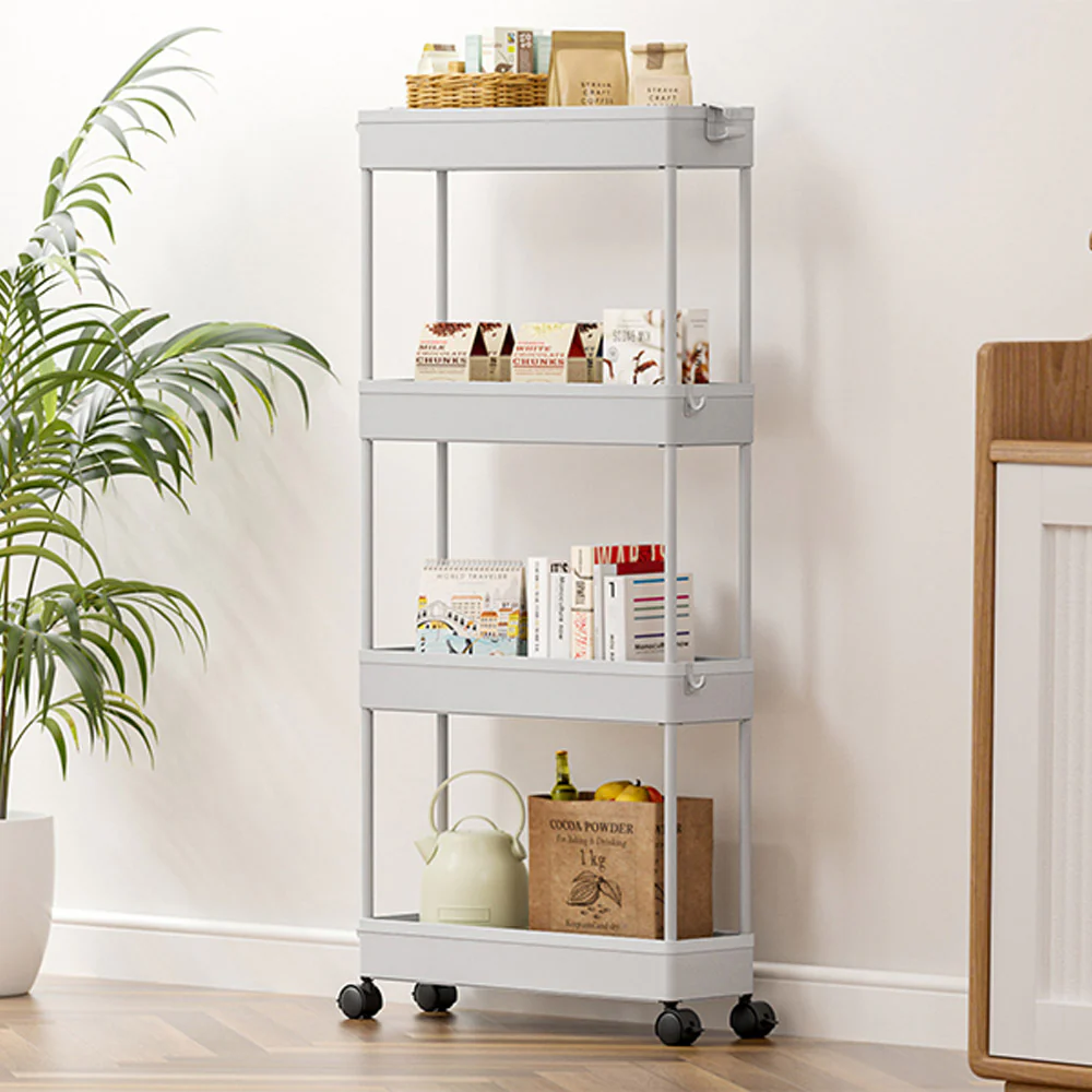 Multifunctional Floor Storage Shelves Rack Organiser with Wheels 4-Layer White