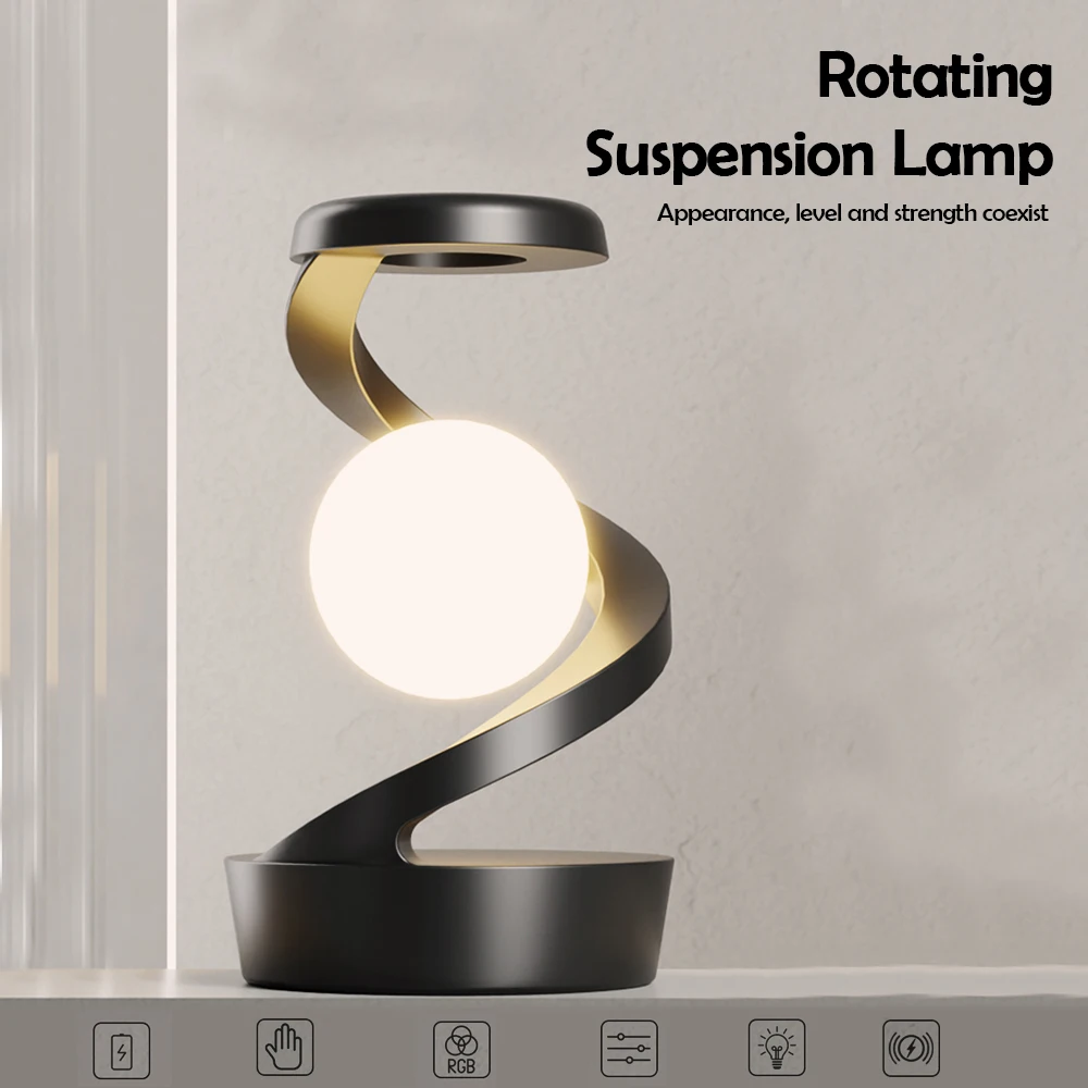 360 Floating RGB Light – Rotating Magnetic Table Lamp with Wireless Charger - Black color