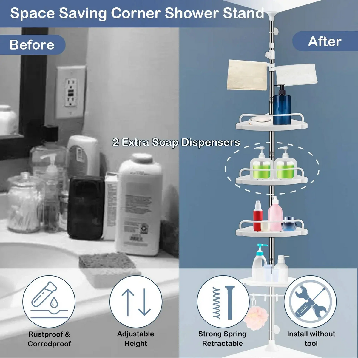 4 Tier Bathroom Corner Shelf with Towel Holder – Wall Mounted Storage Rack for Toiletries & Towels