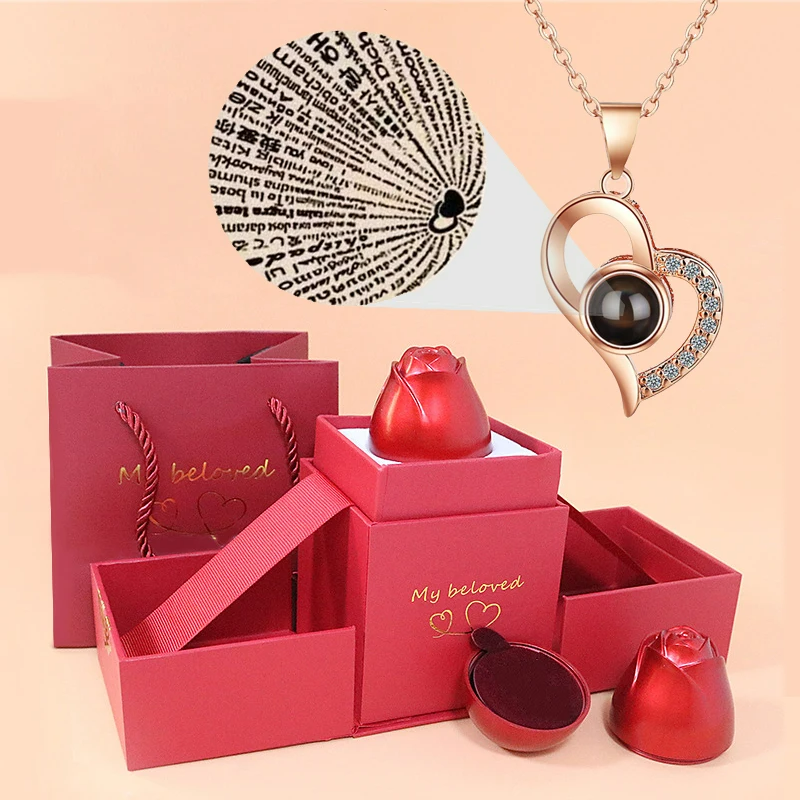 Necklace With Rose Box With Free Bag, I Love You In 100 Languages