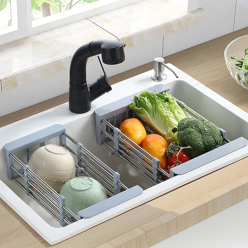 Stainless Steel Expandable Vegetable Basin with Drain Basket Drain Rack 1pc