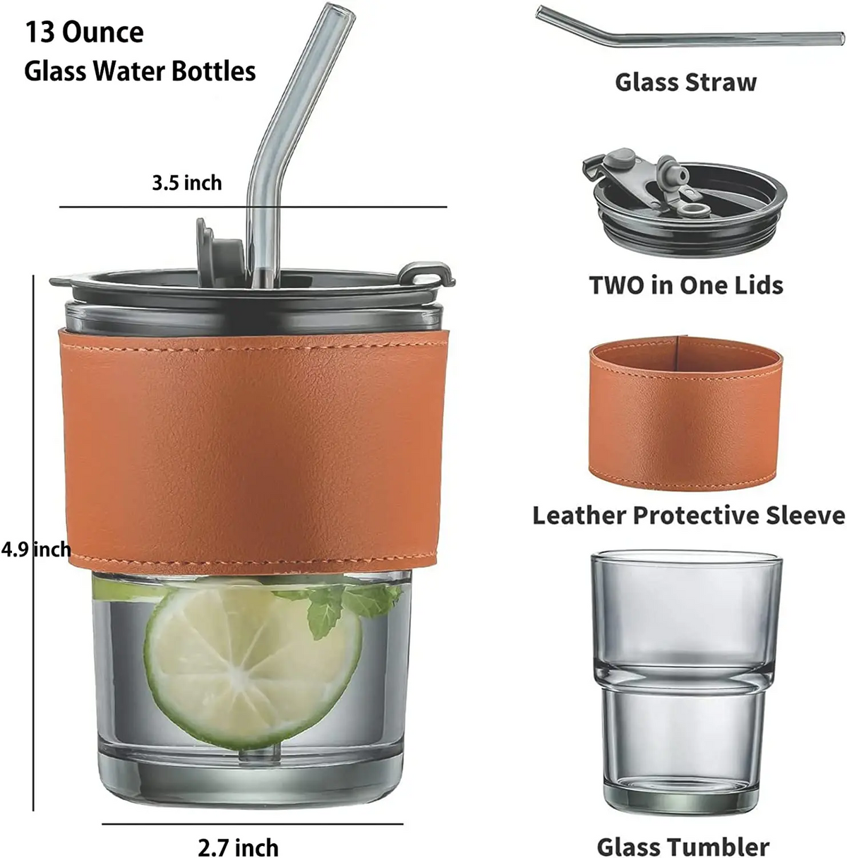 Coffee Mug Glass Tumbler With Silicone Straw and Lid 360 ml, Cup With Leather Sleeve