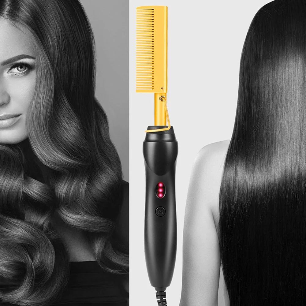 Press Comb for Women, Portable Travel Comb DIY Styler Brush Press Straightening Quick Heating Anti-Scald Copper