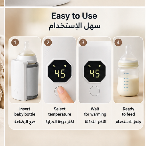 Portable Baby Bottle Warmer with Digital Temperature Display, USB Rechargeable Milk Heater, Adjustable 37°C–55°C, Travel-Friendly Bottle Warmer for Breast Milk & Formula, White.