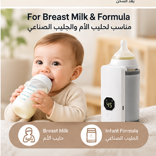 Portable Baby Bottle Warmer with Digital Temperature Display, USB Rechargeable Milk Heater, Adjustable 37°C–55°C, Travel-Friendly Bottle Warmer for Breast Milk & Formula, White.