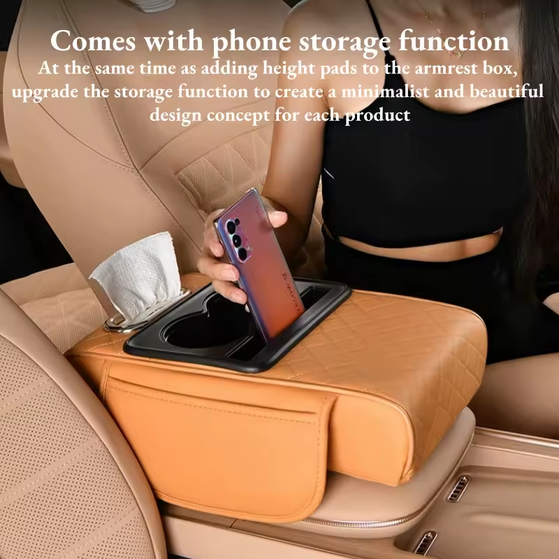 5-in-1 Car Center Console Armrest Cushion with Cup Holder Tissue Box Organizer Bag