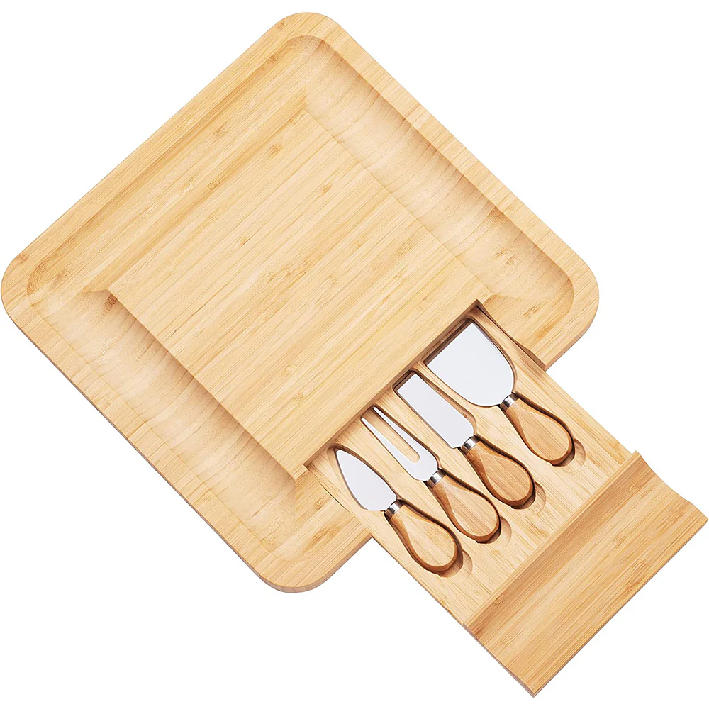 Bamboo Squared Board Wooden Serving Tray with Cutlery in Slide-Out Drawer
