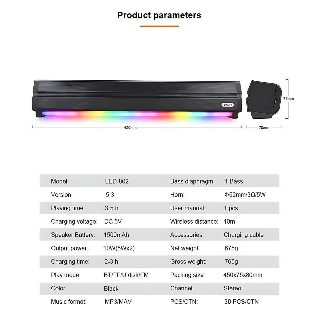 Kisonli LED-802 RGB Wireless Bluetooth Speaker 5.3 Retro Sound bar