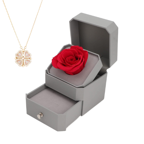 Luxurious Jewelry Box With Eternal Flower Rose + Magnetic Four Heart Necklace